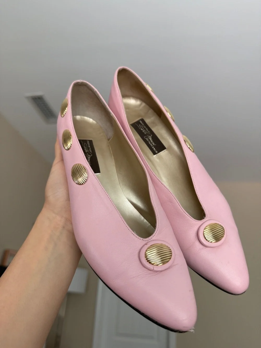 Sesto Meucci Pink Leather Gold Button Vintage Italian Designer Kitten Heel 7.5 - Picture 4 of 7